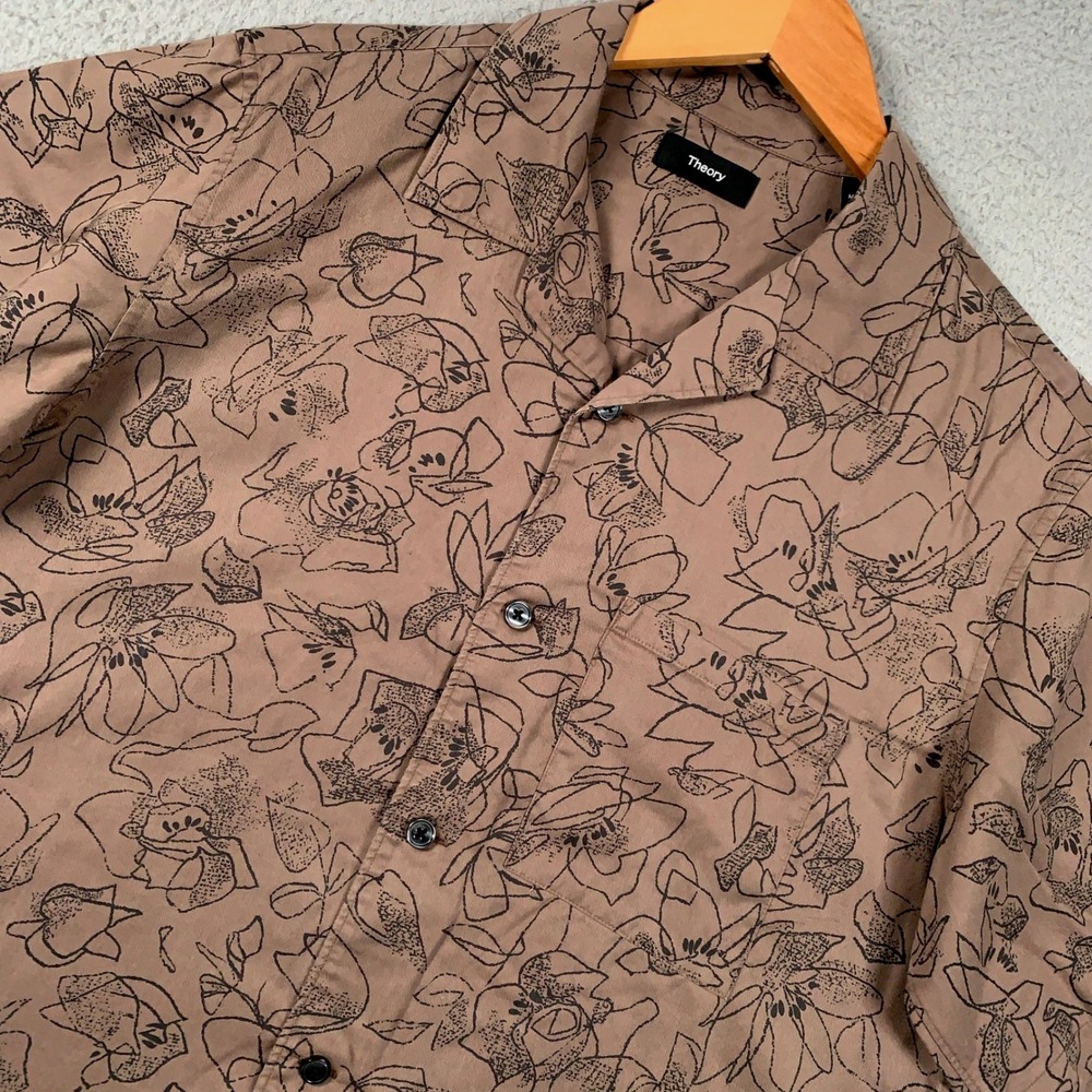 Theory Noll Camp Collar Shirt Men Medium Brown Short Sleeve SS CC Floral Outline